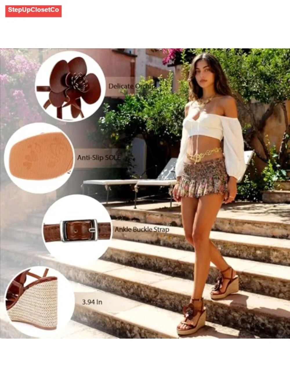 Floral Comfortable Wedge Sandals with Raffia Heels Ankle Wrap Espadrilles